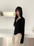 Evia Ttoto Button Slim Ribbed Hooded T-Shirt
