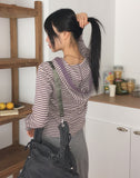 Pao Stripe Snap Button Color Matching Long Sleeve Hooded T-Shirt