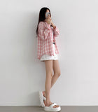 Color Matching Check Pastel Tone Loose Fit Long Sleeve Shirt