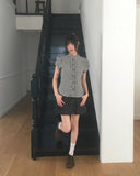 Chili Check Frill Puff Short Sleeve Blouse