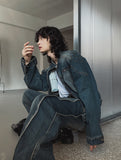 Ocean Washed Stitch Biker Denim Jacket