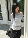Dintz Color Matching See-Through Layered Ribbed Off Shoulder Long Sleeve Tee