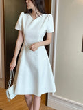 Ipu Heart Neck Puff Tweed Flare One Piece
