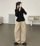 Autumn Peach Processed Pintuck Loose Wide Fit Banding Cotton Pants