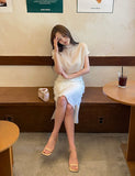 Deloe Wrinkle Unbalance Slit Long Skirt