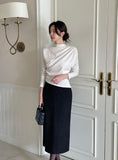 Dielb Half Neck Unbalanced Drape T-Blouse
