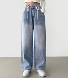 String Stopper Washing Long Wide Denim Pants