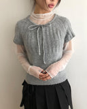Moon round neck ribbon layered wool short sleeve knit