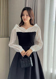 Tello Color Matching Knit Off-shoulder Shirt Blouse