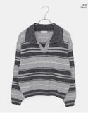 Nobin Stripe Color Matching Collar Long Sleeve Knit