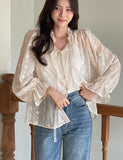 (Sleeveless Set) Shudin Lace Tie Puff Blouse