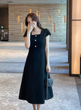 Nedel Square Neck Tweed Flare Long One Piece