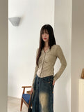Tully Bokashi Shirring Ribbed Collar Button Long Sleeve Cardigan