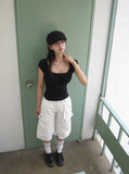Bogi Shirring Flower Embroidery Slim Short Sleeve T-shirt