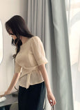 Marisa Short Sleeve Puff Unbalanced Wrap Blouse