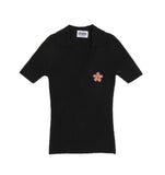 Pink Flower Dot Embroidery Short Sleeve Knit Collar Tee