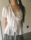 Etched puff ribbon pin tuck blouse