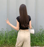 Punching Strap Ribbon Point Crop Short Sleeve Knit
