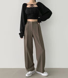 Clip Rayon Blend Span Pin Tuck Wide Slacks Pants