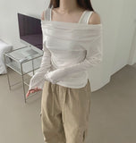 Drape Off-Shoulder Knit Layered Fake Layered T-shirt
