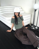 Rutot Stripe Color Matching Off-Shoulder Short-Sleeved T-Shirt