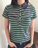 Dem Stripe Shirring PK Collar Short Sleeve T-Shirt