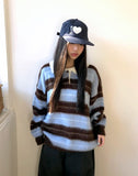 Here Color Matching Stripe Collar Neck Button Long Sleeve Knit