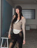 Ash Ribbed Deep Button Layered Long Sleeves