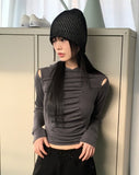 Shaz shirring open shoulder hooded T-shirt