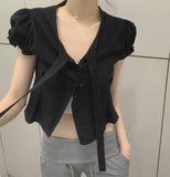 Petite Tie Puff Sleeve Crop Short Sleeve Blouse