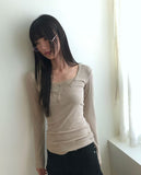 [MADE] Newbe Lace Point Button Ribbed Long Sleeve T-Shirt