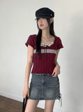 Killlove Vintage Lace Deep U-Neck Crop Short Sleeve Knit