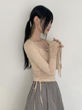 Pania Balletcore Shirring Pleated Strap Square Neck Crop Long Sleeve T-shirt