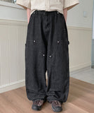 [unisex] Puati Carpenter Rivet Banding Waist Wide Denim Pants