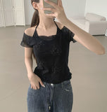 Flower Pattern Halterneck Sleeveless Short Sleeve Blouse Set