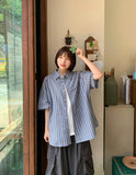 [unisex] Bubblet Stripe Linen Over Short Sleeve Shirt