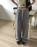 Kaea check color matching frill banding wide pants