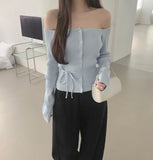 Off-shoulder Ribbed Knit Strap Set Cardigan