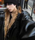 Zeoni Fur Trimming Hood Dark Black Leather Jumper