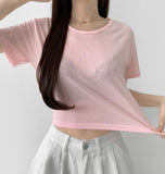 Relaxed round neck cooling summer short sleeve crop T-shirt