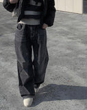 Rising black blue strap wide pants