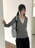 Rti Vintage V-neck Lace Hood Long Sleeve T-shirt