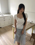 Kamming seersucker check tiered banding midi skirt