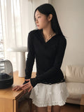 Tarte Slim Long V-Neck Collar Long Sleeve T-Shirt