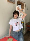 Bobona Cat Printing Crop Short Sleeve Tee