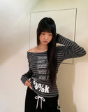 Muang Stripe Print One-Off Shoulder Long Sleeve T-Shirt