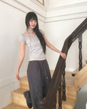 [Tie set] Hadel Corsage Layered Rib Shirring Puff T-shirt