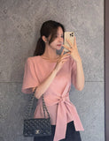 Eju Round Ribbon Strap Short Sleeve Blouse