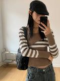 Yally Unbalance Diagonal Button Stripe Knit