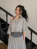 Mio pinstripe off-shoulder layered set